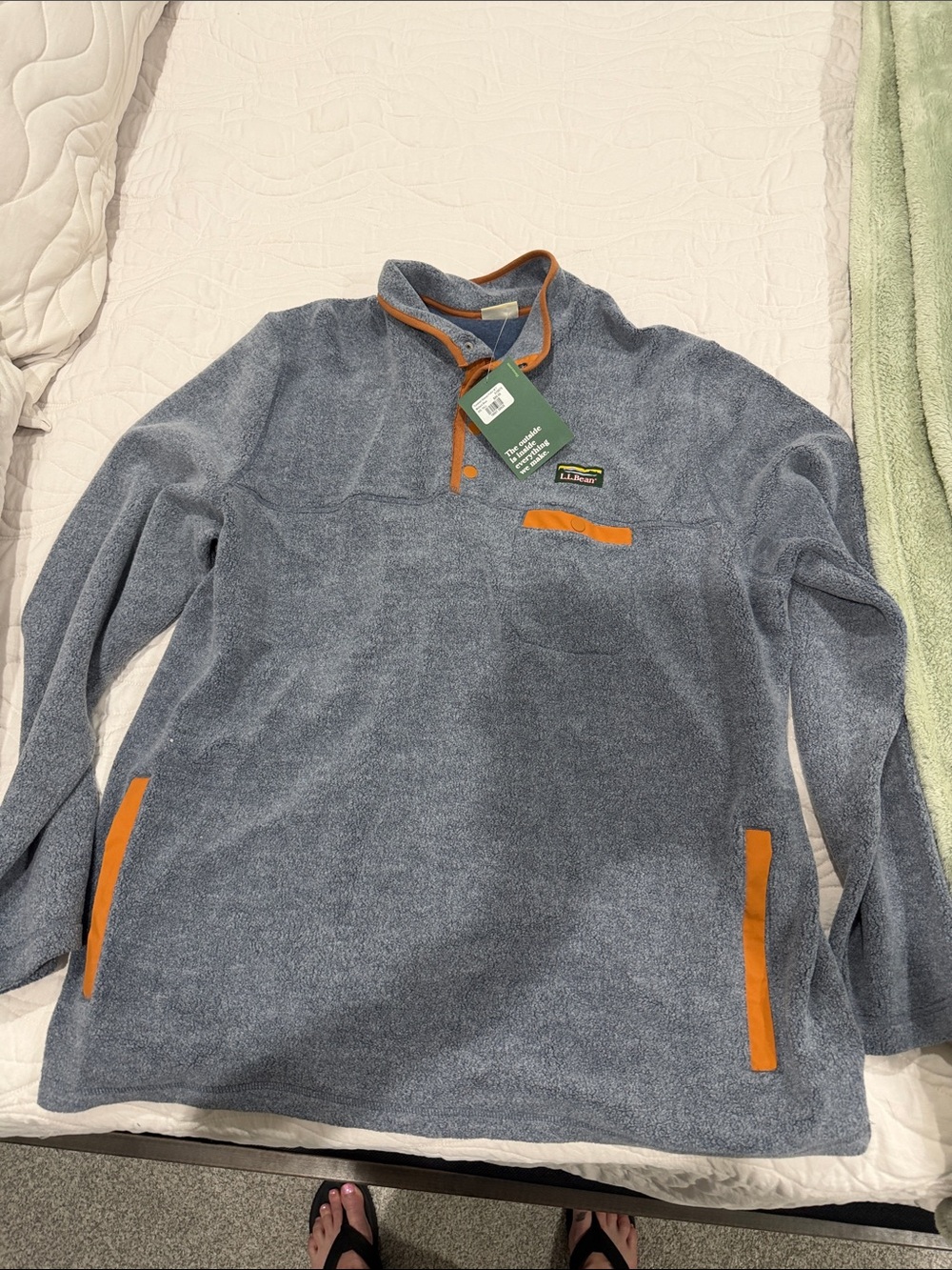 L.L. Bean Heathered Blue Fleece Pullover with Orange Trim